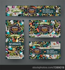 Corporate Identity vector templates set design with doodles hand drawn Science theme. Colorful banner, id cards, flayer design. Templates set. Corporate Identity vector templates set design with doodles Science theme
