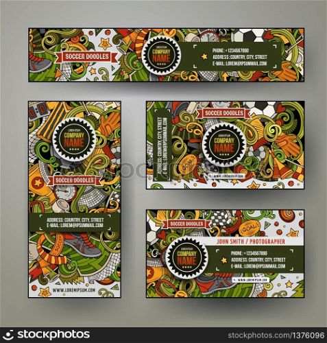 Corporate Identity vector templates set design with doodles hand drawn Soccer theme. Colorful banner, id cards, flayer design. Templates set. Corporate Identity vector templates set with doodle Soccer theme