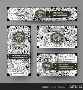 Corporate Identity vector templates set design with doodles hand drawn Soccer theme. Line art banner, id cards, flayer design. Templates set. Corporate Identity vector templates set with doodle Soccer theme