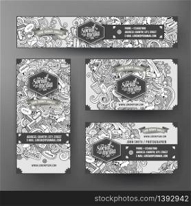 Corporate Identity vector templates set design with doodles hand drawn Social media theme. Line art banner, id cards, flayer design. Corporate Identity templates set design doodles Social media theme