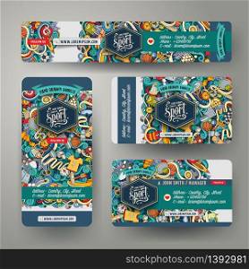 Corporate Identity vector templates set design with doodles hand drawn Sport theme. Colorful banner, id cards, flayer design. Templates set. Corporate Identity vector templates set with doodles Sport theme