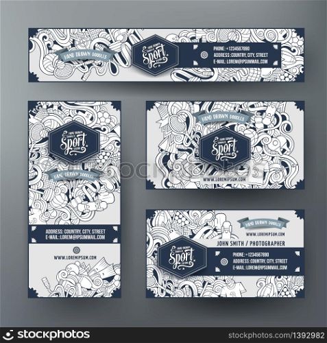 Corporate Identity vector templates set design with doodles hand drawn Sport theme. Line art banner, id cards, flayer design. Templates set. Corporate Identity vector templates set with doodles Sport theme