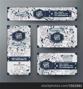 Corporate Identity vector templates set design with doodles hand drawn Sport theme. Line art banner, id cards, flayer design. Templates set. Corporate Identity vector templates set with doodles Sport theme