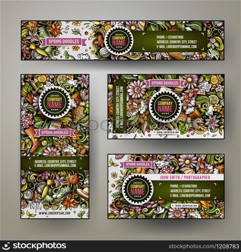 Corporate Identity vector templates set design with doodles hand drawn Spring theme. Colorful banner, id cards, flayer design. Templates set. Corporate Identity vector templates set design with doodles Spring theme
