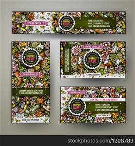 Corporate Identity vector templates set design with doodles hand drawn Spring theme. Colorful banner, id cards, flayer design. Templates set. Corporate Identity vector templates set design with doodles Spring theme