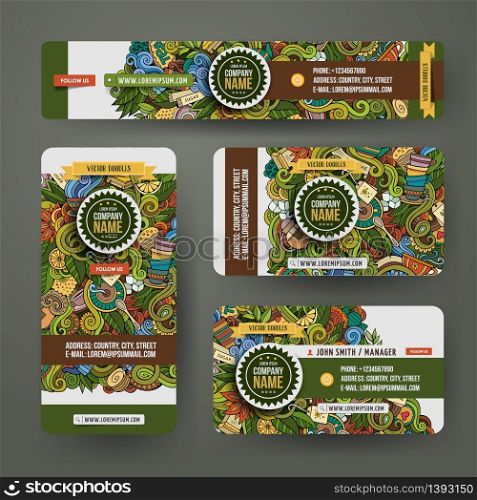 Corporate Identity vector templates set design with doodles hand drawn tea theme. Colorful banner, id cards, flayer design. Templates set. Corporate Identity templates set doodles tea theme