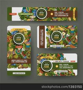 Corporate Identity vector templates set design with doodles hand drawn tea theme. Colorful banner, id cards, flayer design. Templates set. Corporate Identity templates set doodles tea theme