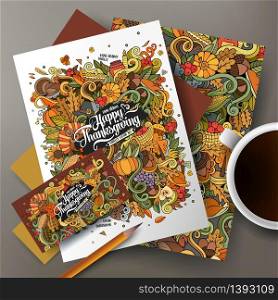 Corporate Identity vector templates set design with doodles hand drawn Thanksgiving theme. . Corporate Identity vector templates set design with Thanksgiving theme