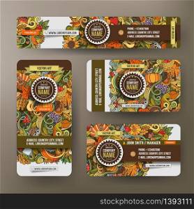 Corporate Identity vector templates set design with doodles hand drawn Thanksgiving theme. Colorful banner, id cards, flayer design. Templates set. Corporate Identity templates set with doodles Thanksgiving theme