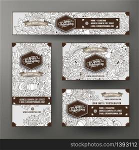 Corporate Identity vector templates set design with doodles hand drawn Thanksgiving theme. Sketchy banner, id cards, flayer design. Templates set. Corporate Identity templates set with doodles Thanksgiving theme