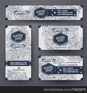 Corporate Identity vector templates set design with doodles hand drawn Underwater life theme. Line art banner, id cards, flayer design. Templates set. Corporate Identity vector underwater lif templates set