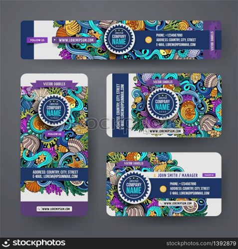 Corporate Identity vector templates set design with doodles hand drawn Underwater life theme. Colorful banner, id cards, flayer design. Templates set. Corporate Identity vector underwater lif templates set