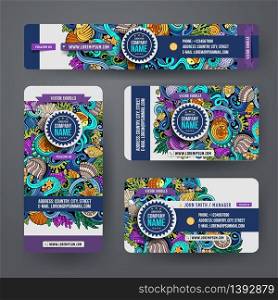 Corporate Identity vector templates set design with doodles hand drawn Underwater life theme. Colorful banner, id cards, flayer design. Templates set. Corporate Identity vector underwater lif templates set