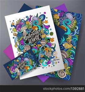 Corporate Identity vector templates set design with doodles hand drawn Underwater life theme.. Cartoon vector hand-drawn underwater life identity