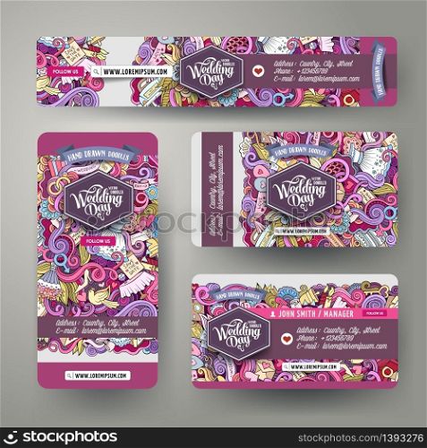 Corporate Identity vector templates set design with doodles hand drawn Wedding theme. Colorful banner, id cards, flayer design. Corporate Identity templates set design with doodles Wedding theme