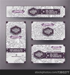Corporate Identity vector templates set design with doodles hand drawn Wedding theme. Line art banner, id cards, flayer design. Corporate Identity templates set design with doodles Wedding theme
