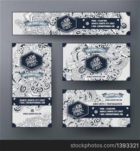 Corporate Identity vector templates set design with doodles hand drawn Winter theme. Line art banner, id cards, flayer design. Templates set. Corporate Identity with doodle cartoon Winter theme