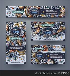 Corporate Identity vector templates set design with doodles hand drawn Winter theme. Colorful banner, id cards, flayer design. Templates set. Corporate Identity with doodle cartoon Winter theme