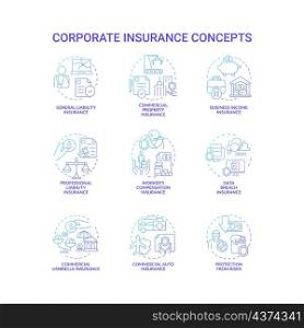 Corporate insurance blue gradient concept icons set. Business coverage for expense idea thin line color illustrations. Isolated outline drawings. Roboto-Medium, Myriad Pro-Bold fonts used. Corporate insurance blue gradient concept icons set
