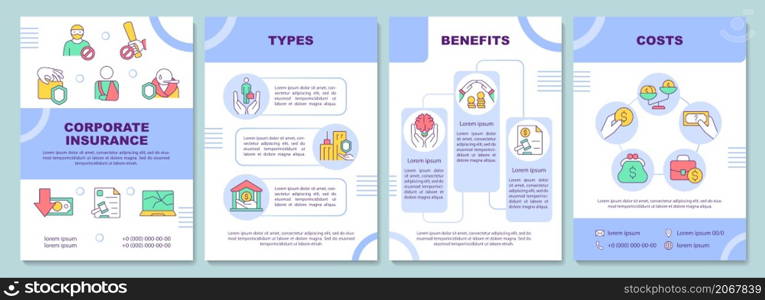 Corporate insurance brochure template. Costs and benefits. Booklet print design with linear icons. Vector layouts for presentation, annual reports, ads. Arial-Black, Myriad Pro-Regular fonts used. Corporate insurance brochure template