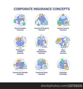 Corporate insurance concept icons set. Business management idea thin line color illustrations. Isolated outline drawings. Editable stroke. Roboto-Medium, Myriad Pro-Bold fonts used. Corporate insurance concept icons set