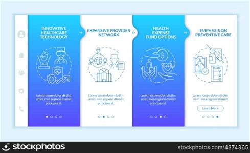 Corporate insurance for employee perks blue gradient onboarding template. Policy. Responsive mobile website with linear concept icon. Web page walkthrough 4 step screens. Lato-Bold, Regular fonts used. Corporate insurance for employee perks blue gradient onboarding template