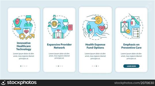 Corporate insurance for employee perks onboarding mobile app screen. Policy walkthrough 4 step graphic instructions pages with linear concept. UI, UX, GUI template. Myriad Pro-Bold, Regular fonts used. Corporate insurance for employee perks onboarding mobile app screen