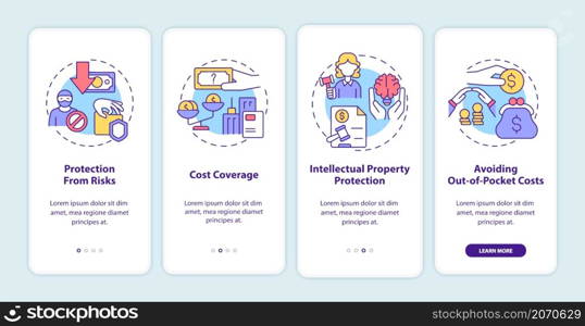 Corporate insurance importance onboarding mobile app screen. Policy walkthrough 4 steps graphic instructions pages with linear concepts. UI, UX, GUI template. Myriad Pro-Bold, Regular fonts used. Corporate insurance importance onboarding mobile app screen