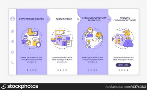 Corporate insurance importance purple and white onboarding template. Coverage. Responsive mobile website with linear concept icons. Web page walkthrough 4 step screens. Lato-Bold, Regular fonts used. Corporate insurance importance purple and white onboarding template