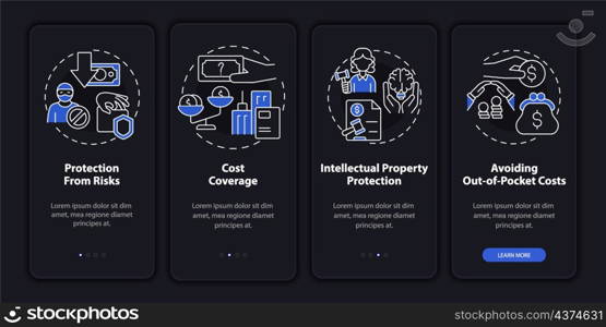 Corporate insurance night theme onboarding mobile app screen. Service walkthrough 4 steps graphic instructions pages with linear concepts. UI, UX, GUI template. Myriad Pro-Bold, Regular fonts used. Corporate insurance night theme onboarding mobile app screen