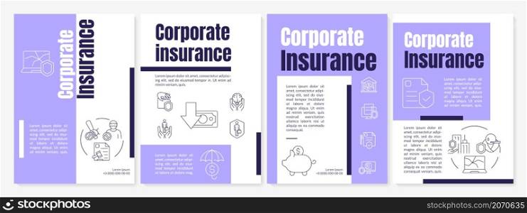 Corporate insurance purple brochure template. Company claim. Booklet print design with linear icons. Vector layouts for presentation, annual reports, ads. Anton-Regular, Lato-Regular fonts used. Corporate insurance purple brochure template