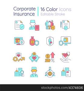 Corporate insurance RGB color icons set. Risk management. Protection for life and health. Finance compensation. Isolated vector illustrations. Simple filled line drawings collection. Editable stroke. Corporate insurance RGB color icons set