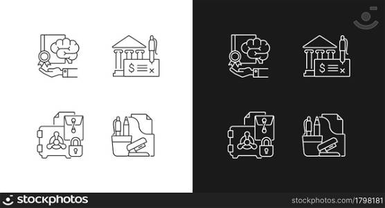 Corporate intellectual property linear icons set for dark and light mode. Trade secrets. Company safety. Customizable thin line symbols. Isolated vector outline illustrations. Editable stroke. Corporate intellectual property linear icons set for dark and light mode