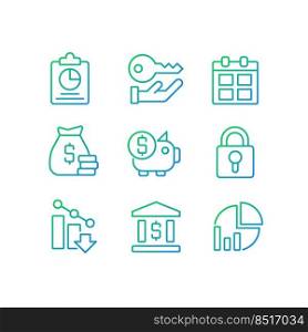 Corporate management pixel perfect gradient linear vector icons set. Finance and banking. Company security. Thin line contour symbol designs bundle. Isolated outline illustrations collection. Corporate management pixel perfect gradient linear vector icons set