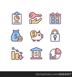 Corporate management pixel perfect RGB color icons set. Finance and banking. Company security. Analytics. Isolated vector illustrations. Simple filled line drawings collection. Editable stroke. Corporate management pixel perfect RGB color icons set