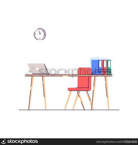 Corporate management semi flat RGB color vector illustration. Office interior. Corporate room for employee work space. Table with folders and chair isolated cartoon objects on white background. Corporate management semi flat RGB color vector illustration