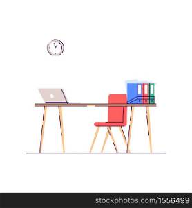Corporate management semi flat RGB color vector illustration. Office interior. Corporate room for employee work space. Table with folders and chair isolated cartoon objects on white background. Corporate management semi flat RGB color vector illustration