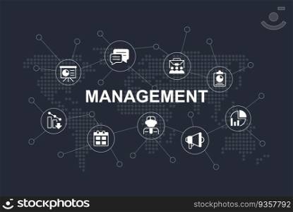 Corporate management word concept design template with icons. Infographics with text and editable white glyph pictograms. Vector illustration for web banner, presentation. Montserrat font used. Corporate management word concept design template with icons