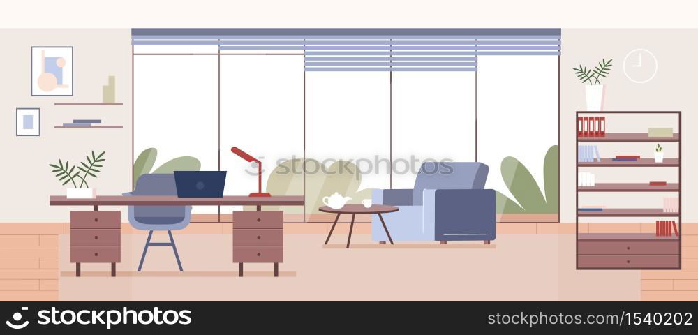 Corporate office flat color vector illustration. Business company CEO workplace 2D cartoon interior design with furniture on background. Professional freelancer workspace, modern apartment decor. Corporate office flat color vector illustration