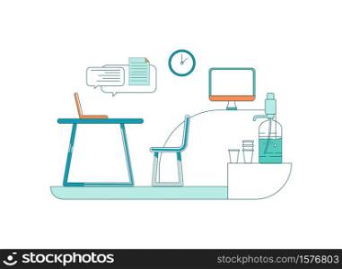 Corporate office flat color vector scene. Desktop with computer. Employee workspace. Online remote communication. Cabinet space isolated cartoon illustration for web graphic design and animation. Corporate office flat color vector scene