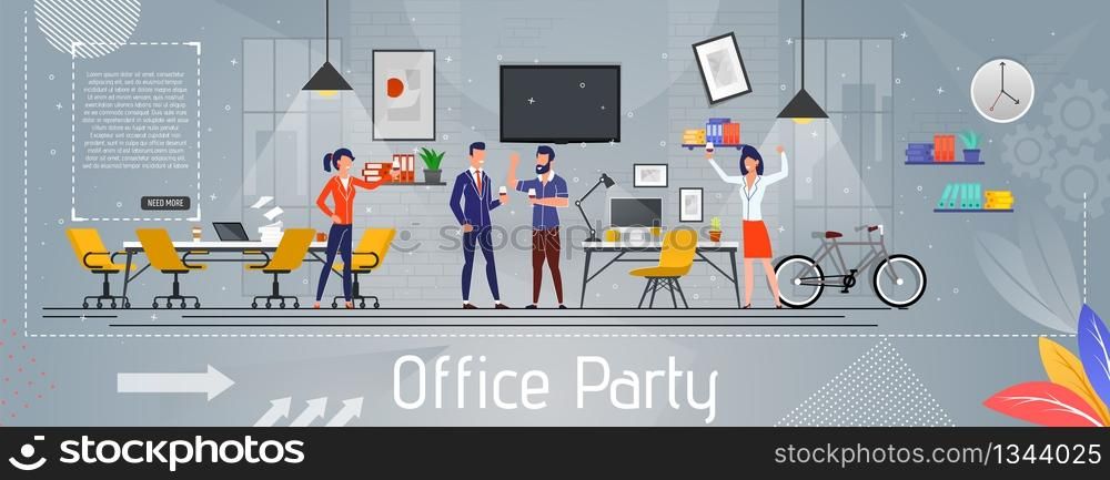 Corporate Office Party and Success Celebrating Flat Banner. Joyful Managers and Colleagues Have Fun and Drink Wine Rejoicing Great Achievement, Work Week End. Good Deal. Vector Cartoon Illustration. Office Party and Success Celebrating Flat Banner