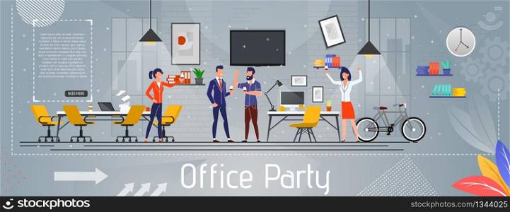 Corporate Office Party and Success Celebrating Flat Banner. Joyful Managers and Colleagues Have Fun and Drink Wine Rejoicing Great Achievement, Work Week End. Good Deal. Vector Cartoon Illustration. Office Party and Success Celebrating Flat Banner