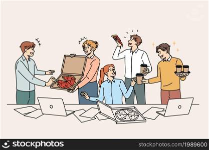 Corporate party and celebrating concept. Group of young colleagues workers eating pizza drinking coffee in office during party vector illustration . Corporate party and celebrating concept.