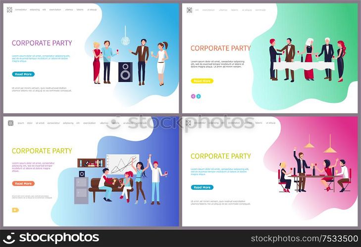 Corporate party, businessman and businesswoman having fun vector. Dancing and drinking people, workers relaxing at holiday celebration, team building. Corporate Party, Businessman and Businesswoman