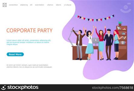 Corporate party, coworkers web page template with business people celebrating holidays together, vector online poster, workers in office having fun. Website, landing page in flat. Corporate Party Coworkers Web Page Business People