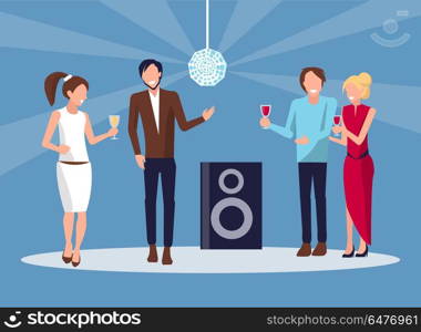 Corporate Party Disco on Vector Illustration Blue. Corporate party, four persons drinking red wine and having good time at disco club on vector illustration isolated on blue background