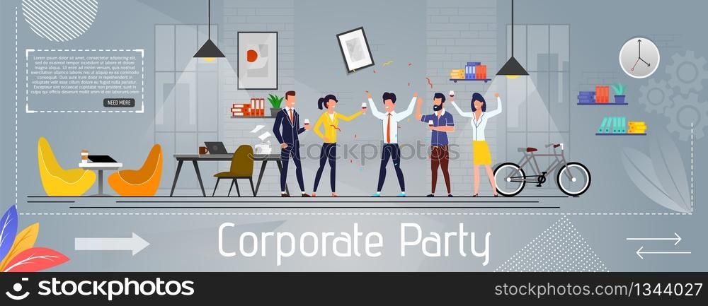 Corporate Party, Event, Holiday Celebration and Happy Business Team Banner. Joyful Employees Have Fun Drinking Beverages. Successful Work and Rest. Vector Friendly Coworking Space Cartoon Illustration. Corporate Party and Happy Business Team Banner