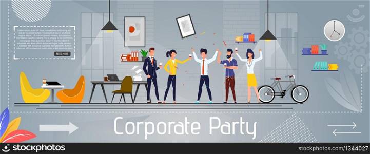 Corporate Party, Event, Holiday Celebration and Happy Business Team Banner. Joyful Employees Have Fun Drinking Beverages. Successful Work and Rest. Vector Friendly Coworking Space Cartoon Illustration. Corporate Party and Happy Business Team Banner
