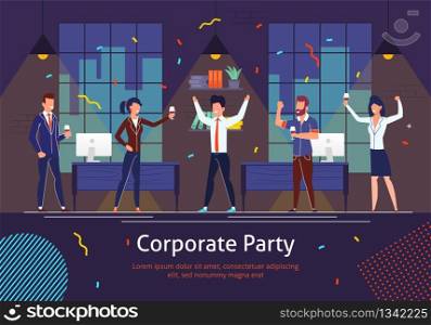 Corporate Party Flat Vector Banner with Business Team, Office Workers Group, Company Employes or Partners Celebrating Financial Success, Greeting Colleague with Great Achievement in Work Illustration