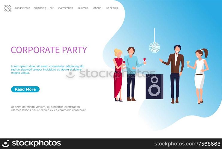 Corporate party, four persons drinking wine and having good time at disco club. Workwomen in evening dress and workmen in trouthers and shirt vector. Website or webpage template, landing page in flat. Work People Corporate Party in Disco Club Vector